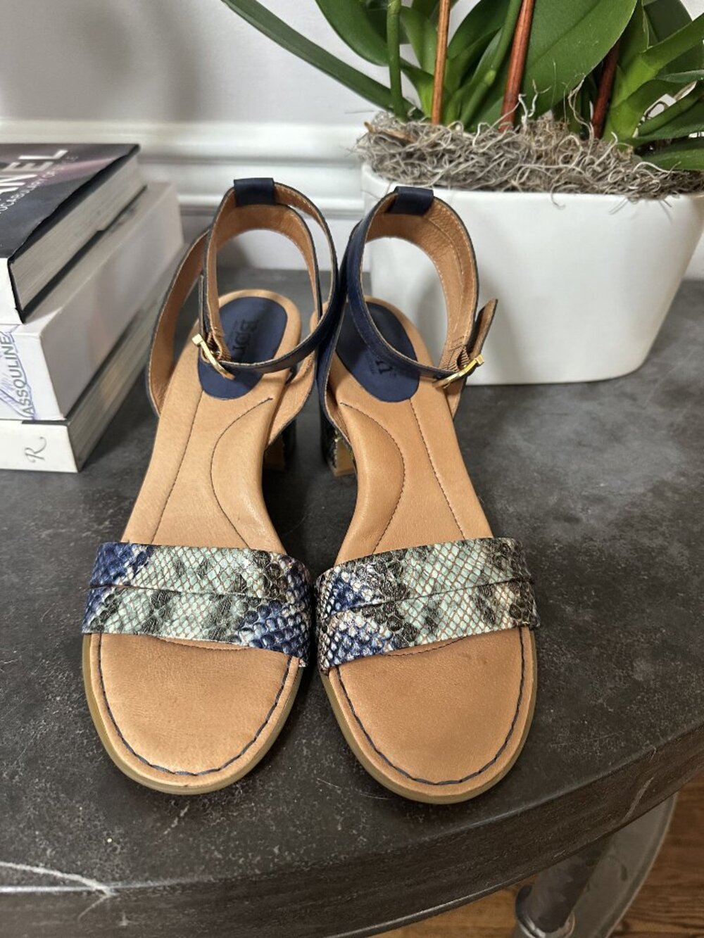 Born Frilli Leather Snakeskin Print Open Toed Heeled Sandals Size 10